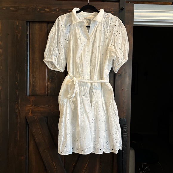 a new day Dresses & Skirts - a new day White Eyelet Dress with Puff Sleeves and Tie Waist Belt XL